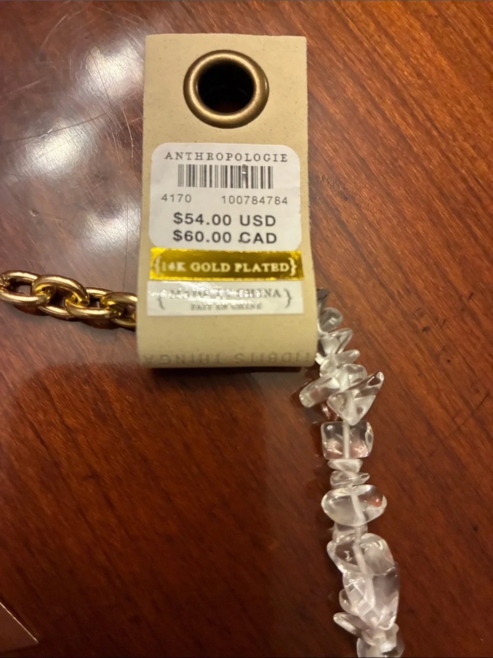 ANTHROPOLOGIE Clear Crystal Rock & Gold Chain Necklace. 14K  Gold Plated. NWT